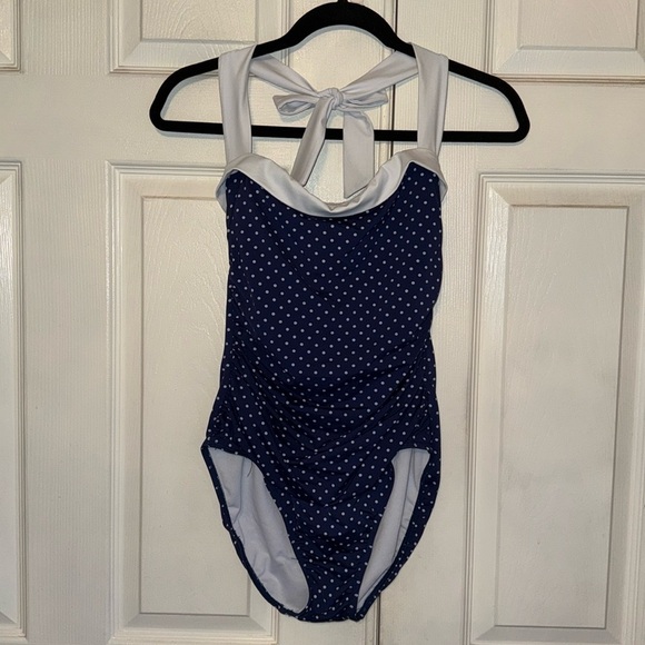 Lauren Ralph Lauren Blue And White Polka Dot Pinup Style Halter Neck Swimsuit - Picture 3 of 9